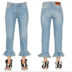 MSGM Women's Light Blue Ruffle Hem Raw Cropped Denim Romantic Western Jeans